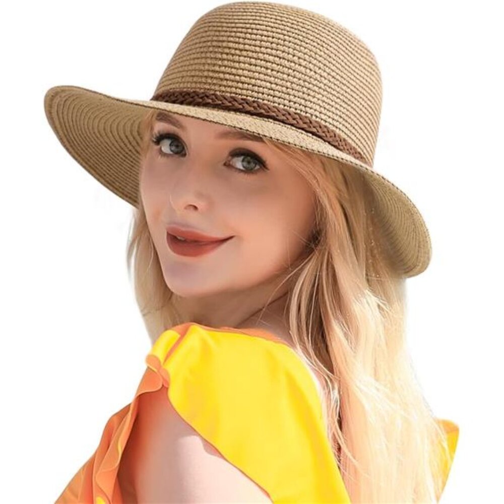 Women's Beach Straw Hat - UPF 50+ UV Protection, Wide Brim, Foldable & Packable